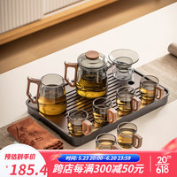 瓷牌茗茶具(cipaiming teaset)玻璃茶具套装高硅硼耐热泡茶壶家用喝茶功夫茶杯整套 新-青灰《合欢》木把10+胡密盘巾
