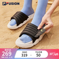 FILA 斐乐 潮牌面包拖鞋女鞋2023夏季防水凉拖魔术贴沙滩鞋 黑/明亮白-BB 36.5