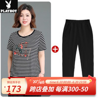 花花公子(PLAYBOY OUTDOOR)妈妈夏装短袖套装2023新款条纹短袖T恤上衣中老年女装休闲两件套 QLWP-22878黑色 L 建议105斤以内