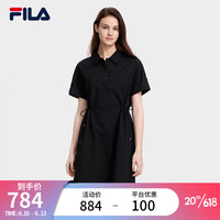 斐乐(FILA)官方女子梭织连衣裙2023夏季新款衬衫领宽松休闲连身裙 正黑色-BK 155/76A/XS