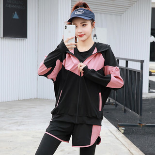 朵梵蓮（Duofanlian）朵梵蓮晨跑步运动套装女2023年新款春夏健身服瑜伽服女套装速干衣 黑粉五件套 XXL