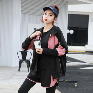 朵梵蓮（Duofanlian）朵梵蓮晨跑步运动套装女2023年新款春夏健身服瑜伽服女套装速干衣 黑粉五件套 XXL