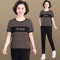邦奥瑞达中年妈妈夏装运动服套装新款中老年女夏季条纹短袖t恤上衣两件套 黑杏条 L/建议90-105斤