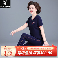 花花公子(PLAYBOY OUTDOOR)中年妈妈夏装套装2023新款中老年运动服女夏季短袖T恤上衣两件套 ATS-2336 宝蓝色 M 建议80-100斤