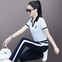 杰宾路运动套装女夏2023新款时尚韩版Polo短袖长裤套装跑步休闲两件套 白色 M适合80-99斤