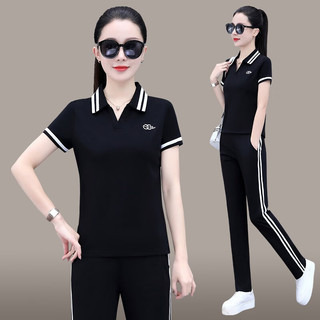 洛华兹翻领运动套装女夏季短袖女士运动服新款高端冰丝休闲套装女运动装 白色 女M/80斤-95斤