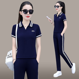 洛华兹翻领运动套装女夏季短袖女士运动服新款高端冰丝休闲套装女运动装 白色 女M/80斤-95斤