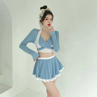 三彩马新款分体泳衣女显瘦遮肚聚拢长袖游泳衣两件套性感时尚泳装 湖蓝色 【此款为均码，批发请拍均码75-1