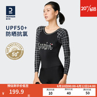 迪卡侬泳衣女春2023新款防晒长袖连体泳衣保守平角大码显瘦IVL2 英伦黑白格（超柔一体式胸垫，防 46/LXL