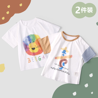 小狗比格儿童T恤短袖纯棉夏装2023新款全棉男女宝宝卡通夏季上衣2件装 L款-彩狮+马戏 100cm建议2-3岁