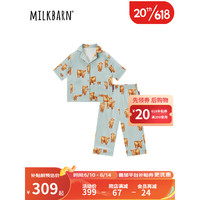 Milkbarn2023新款儿童睡衣 1-6岁宝宝春夏家居服套装男女童印花空调服 灰蓝牦牛 80cm