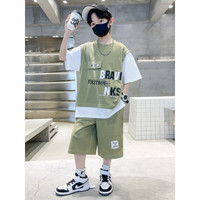 迈兜熊(MAIDOUXIONG)男童夏装短袖套装新款儿童纯棉假两件t恤中裤两件套时髦中大童潮 豆绿色 150