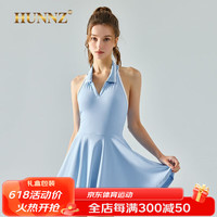 HUNNZ品牌网球连衣裙女夏季防走光运动裙2023新款挂脖舞蹈羽毛球服女 蓝色 S