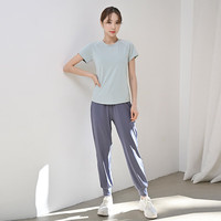 朵梵蓮（Duofanlian）晨跑步运动套装女户外春夏健身房速干衣休闲大码宽松瑜伽服女 S10绿色短袖+K12蓝灰色长裤 S