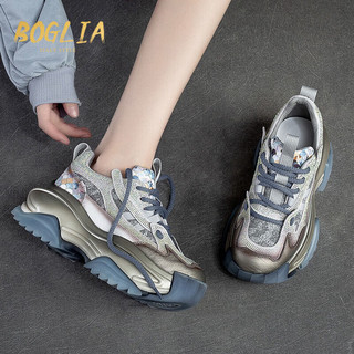 伯格利亚（BOGLIA）轻奢品牌运动鞋女真皮复古厚底老爹鞋高跟松糕鞋牛皮增高休闲女鞋 蓝色 36