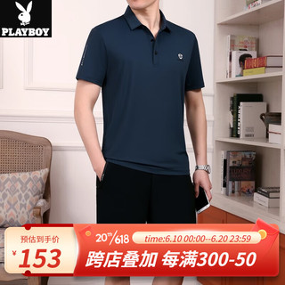 花花公子（PLAYBOY OUTDOOR）夏季男士运动套装爸爸夏装中老年休闲冰丝短袖t恤短裤两件套薄款 JM-855 蓝色 3XL(建议160-180斤左右)