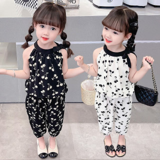 七语欣童装女童套装夏装儿童套装2023新款洋气小女孩吊带上衣裤子两件套 黑色 90码建议身高80-90cm(1-2岁)