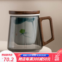 瓷牌茗茶具（cipaiming teaset）办公玻璃茶杯家用茶水分离杯手绘陶瓷内胆泡茶马克杯主人杯单杯 青灰《清灵-手绘绽莲》三件杯
