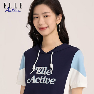 ELLE ACTIVE夏季拼色运动连帽T恤女装2023夏季新款时尚活动字母印花短袖上衣 浅蓝/深蓝 S