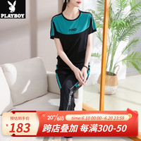 花花公子（PLAYBOY OUTDOOR）妈妈夏装运动服套装2023新款中老年女休闲大码短袖T恤长裤两件套 DMJ-3259 黑色 M 建议95斤以下