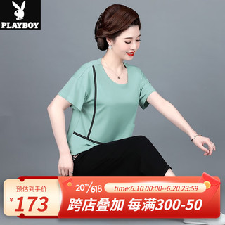 花花公子（PLAYBOY OUTDOOR）中年妈妈夏装洋气2023新款短袖t恤中老年人休闲运动服套装女夏季 DJY-1560 薄荷绿 L(建议90-105斤左右)