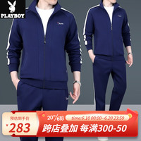 花花公子(PLAYBOY OUTDOOR)爸爸春装休闲运动套装新款中年男士春秋外套中老年宽松大码两件套 KKDD-2135 蓝色 XL(建议120-140斤左右)