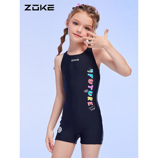 洲克ZOKE女童连体平角水中健身舒适训练泳衣123504405 黑/白色 140（14）