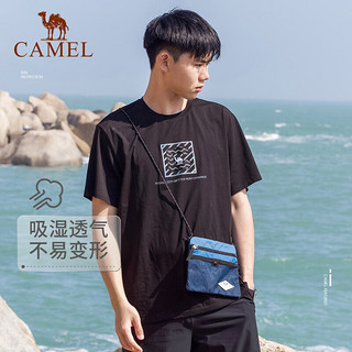 骆驼（CAMEL）户外T恤男款2023短袖棉圆领时尚潮流舒适休闲打底上衣女 7012221002，黑色，男 L