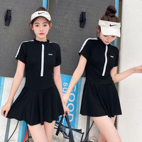 三彩马游泳衣女显瘦遮肚连体聚拢保守裙式学生运动风可爱日系泡温泉泳装 黑色 M