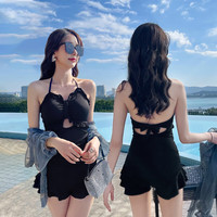 三彩马温泉泳衣女款韩版纯欲风连体显瘦泳装长袖罩衫性感海边度假游泳衣 黑色 S