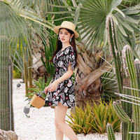 三彩马新款泳衣女连体裙式遮肚显瘦保守韩版加大码度假温泉泳装 黑色 XL 110斤-130斤
