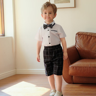 萝卜呗呗（LUOBOBEIBEI）新款儿童礼服男幼儿园毕业服装主持人服装夏季演出服花童钢琴表演 衬衫+短裤+背带+领结 170cm建议体重77-90斤