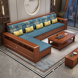 摩高空间中式实木沙发客厅冬夏两用仿古木大户型雕花家具 1+2+3+长几+方几