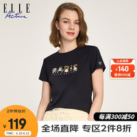 ELLE Active 丝柔棉刺绣圆领短袖T恤2023夏季新款时尚气质百搭透气纯棉T恤女 藏青色 S