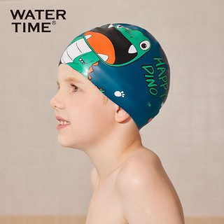 WATERTIME儿童游泳帽男童卡通硅胶防水不勒头专业抗氯护耳泳帽 蓝绿恐龙