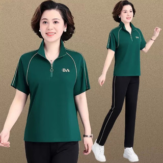邦奥瑞达 中年妈妈夏装短袖t恤新款中老年夏季运动服套装女薄款上衣两件套 宝蓝/黄色 L/建议90-105斤