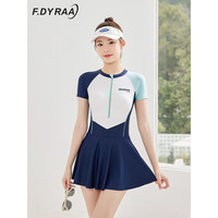 F.DYRAA 梵迪拉 泳衣女款保守泡温泉连体游泳衣专业遮肚显瘦泳装 13002 月光蓝 XL