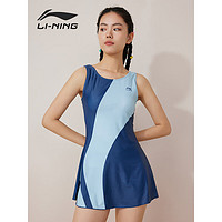 李宁（LI-NING）泳衣女士连体裙式保守游泳衣遮肉显瘦大码温泉泳装0243 蓝绿 XL