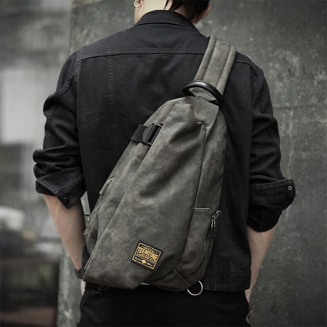 teemzone 廷尊胸包男士休闲帆布单肩包时尚潮背包复古防泼水斜挎包男包  迷彩绿