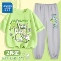 真维斯女童夏装套装儿童洋气时髦短袖裤子中大童夏季薄款休闲衣服 果绿灰ais958 130