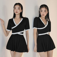 三彩马2023年新款连体泳衣女保守裙式遮肚显瘦泡温泉性感度假泳装 黑色 M