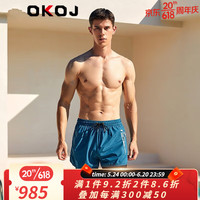 OKOJ品牌泳裤男士防尴尬速干宽松大码时尚印花五分度假沙滩裤 靛蓝色 M