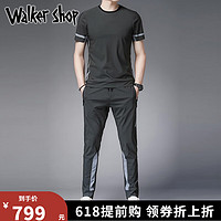 Walker Shop运动套装男薄款短袖T恤休闲时尚男士中青年直筒系带长裤两件套男 02深灰色（夏季） L