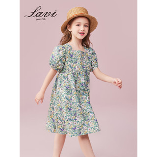 Lavi 童装mqd旗下女童裙子舒适亲肤短袖连衣裙 碎花方领泡泡袖黄花 160