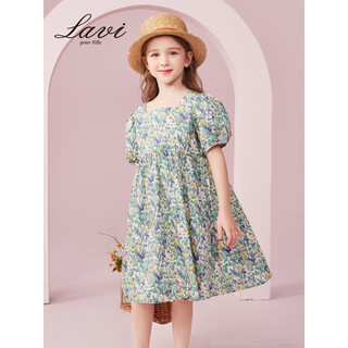 Lavi 童装mqd旗下女童裙子舒适亲肤短袖连衣裙 碎花方领泡泡袖黄花 160