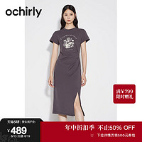 ochirly 欧时力 缩褶解构连衣裙23新款夏印花小众设计感T恤裙