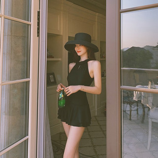 贞喜气温泉泳衣女夏法式仙女范保守遮肚露背显瘦性感小胸裙式连体泳装 黑色 M码（适合88-99斤）