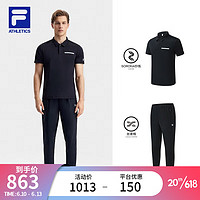 斐乐（FILA）FILA 斐乐男子运动套装2023夏季新款运动短袖POLO衫长裤套装 深黑-BK XL