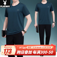 花花公子(PLAYBOY OUTDOOR)爸爸夏装冰丝套装短袖t恤宽松中老年休闲运动套装男士夏季两件套 JM-712 墨绿色 2XL(建议140-160斤左右)