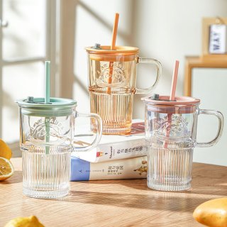 乐唯诗 玻璃杯熊猫浮雕 带盖带吸管